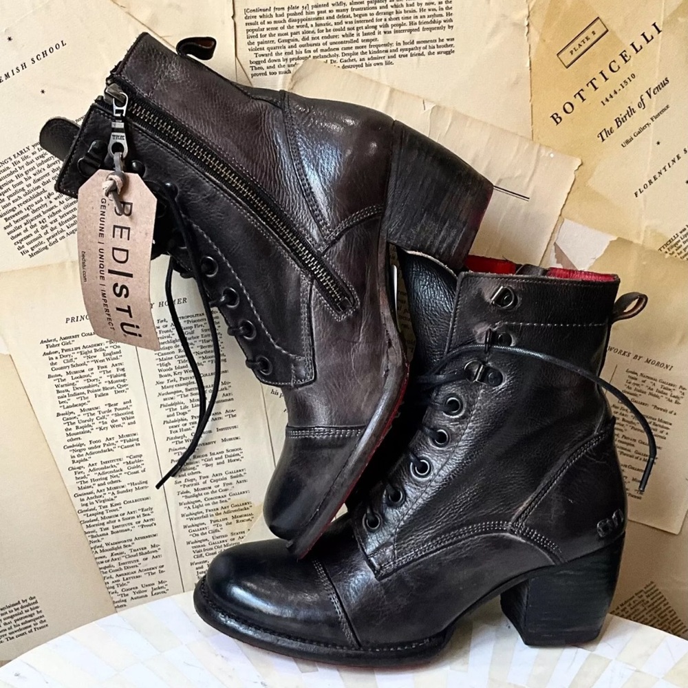 Free People Bed Stu Brooklyn Lace Up Ankle Boot Black Rustic Leather - Picture 2 of 10